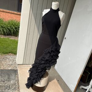Betsy & Adam "Mona" Long Ponte Asymmetrical Ruffle Mock Neck Dress